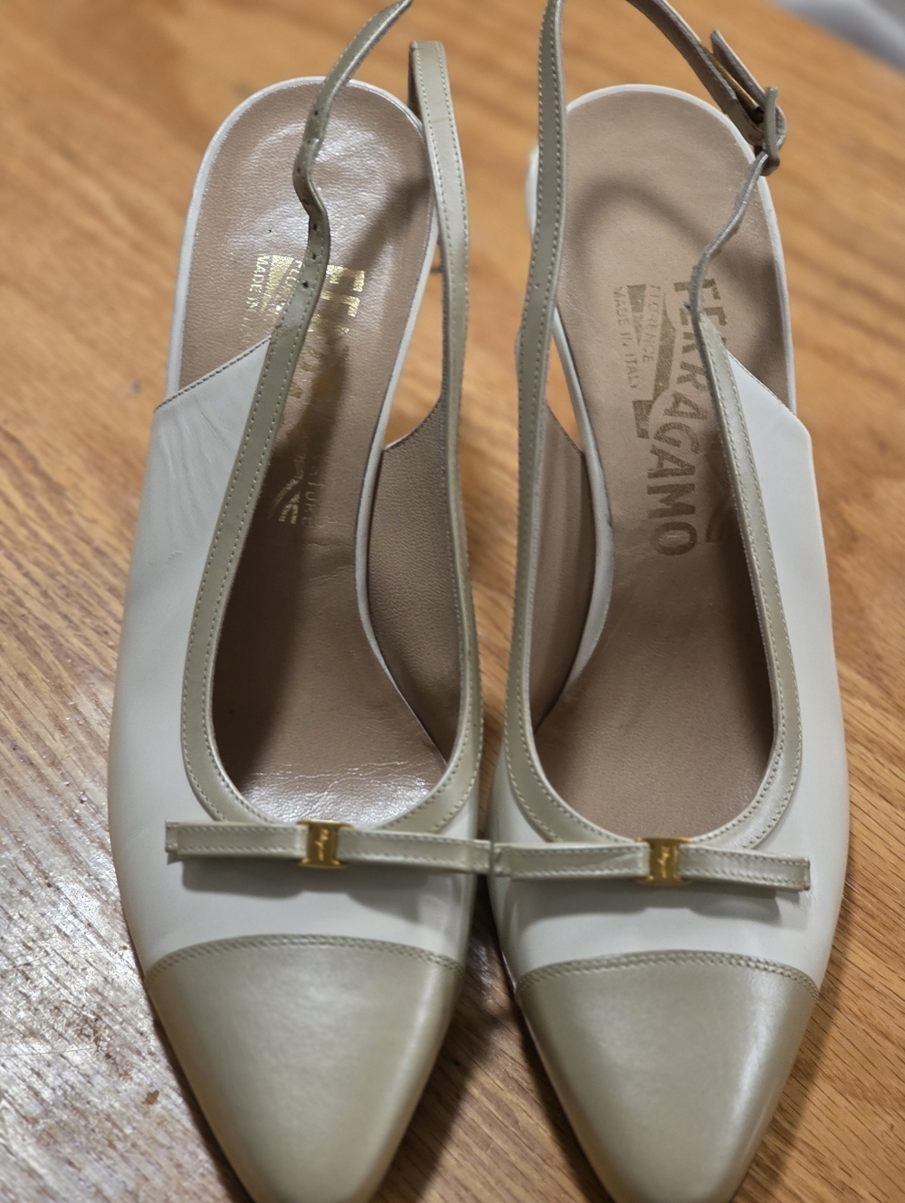 Salvatore Ferragamo Cream and Tan Leather Slingback 2 In a heels